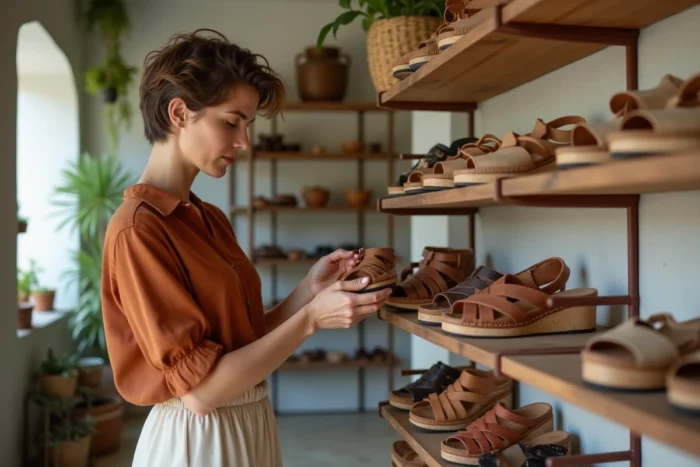 Femme examinant une sandale artisanale à semelle liège dans une boutique de chaussures confortables, alternatives tendance aux Birkenstock