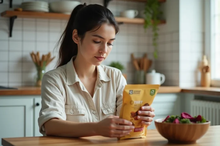 Femme lisant les informations nutritionnelles sur un paquet de chips de légumes dans une cuisine moderne