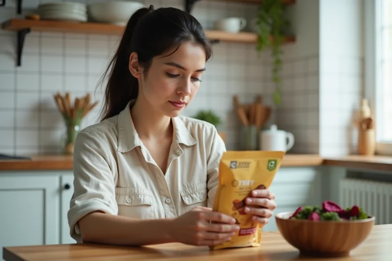 Femme lisant les informations nutritionnelles sur un paquet de chips de légumes dans une cuisine moderne