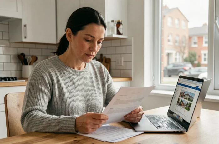 Femme qui compare des offres de crédit immobilier sur ordinateur depuis son domicile