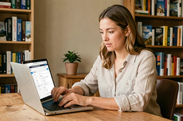 Femme consultant le plan du site d'un guide de voyage sur son ordinateur portable dans un bureau à domicile