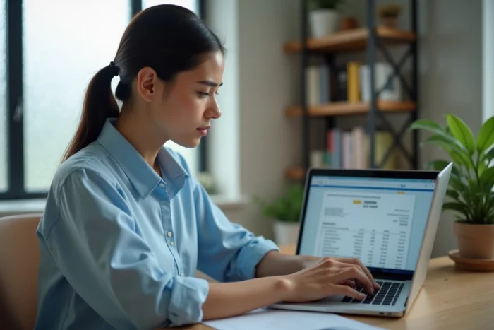 Femme consultant un relevé bancaire en ligne sur un ordinateur portable dans un bureau à domicile, illustrant la gestion des opérations à la Banque Postale