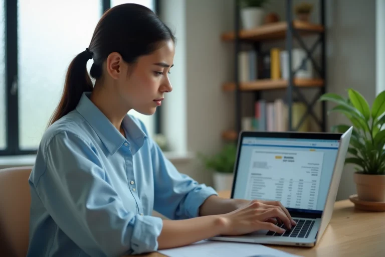 Femme consultant un relevé bancaire en ligne sur un ordinateur portable dans un bureau à domicile, illustrant la gestion des opérations à la Banque Postale