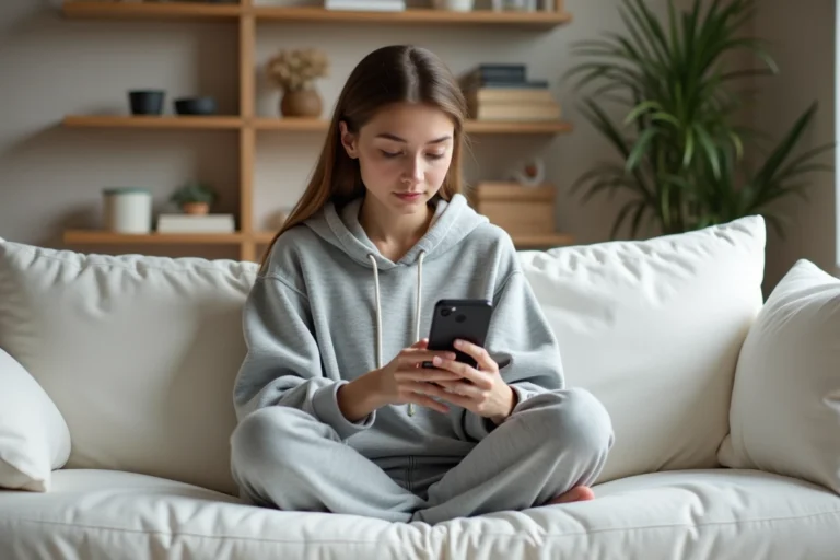 Jeune femme consultant des stories Instagram sur son smartphone depuis son canapé, illustrant la navigation anonyme sur les réseaux sociaux