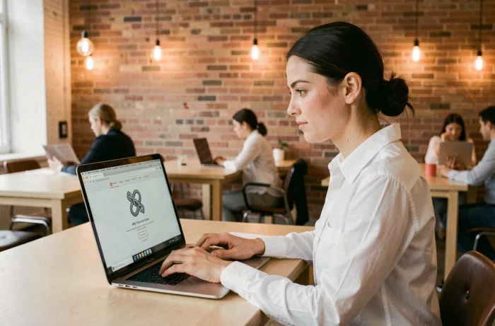 Femme professionnelle dans un espace de coworking cherchant à corriger une erreur 404 sur son ordinateur portable