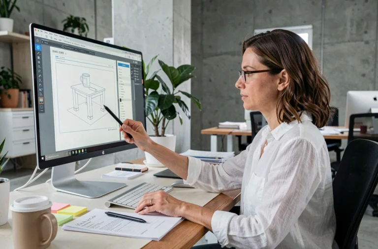 Femme professionnelle analysant la maquette d'un site web sur un écran d'ordinateur dans un bureau moderne