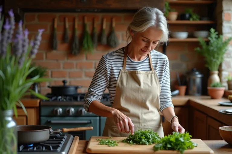 Femme préparant des herbes fraîches sur une planche en bois dans une cuisine rustique chaleureuse