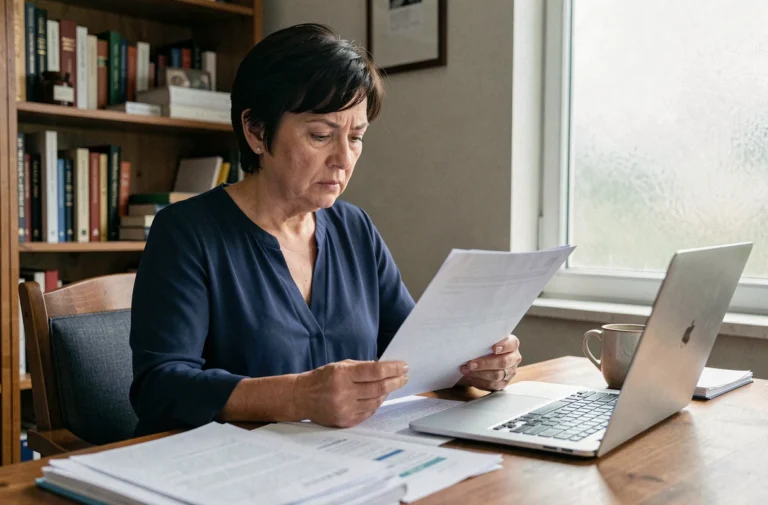 Femme consultant des documents administratifs pour une demande de RSA à son bureau à domicile