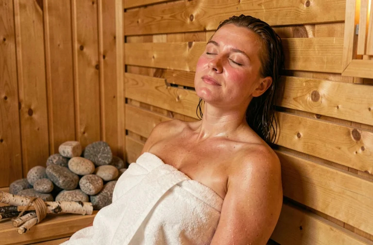 Femme détendue enveloppée dans une serviette blanche assise sur un banc en bois dans un sauna finlandais traditionnel