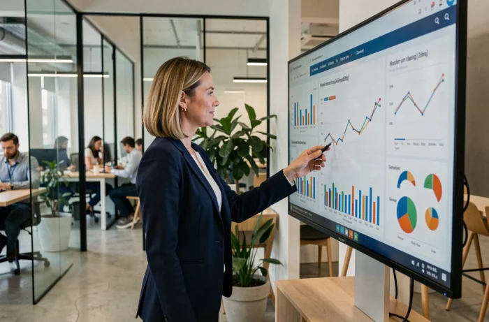 Femme dirigeante analysant les tendances du monde des affaires sur un écran interactif dans un bureau moderne