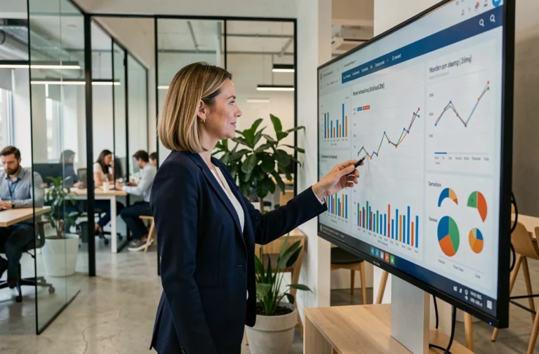 Femme dirigeante analysant les tendances du monde des affaires sur un écran interactif dans un bureau moderne