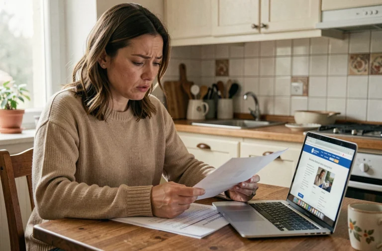 Femme consultant des documents CAF sur sa table de cuisine avec un ordinateur portable, illustrant les démarches administratives pour un délai de paiement