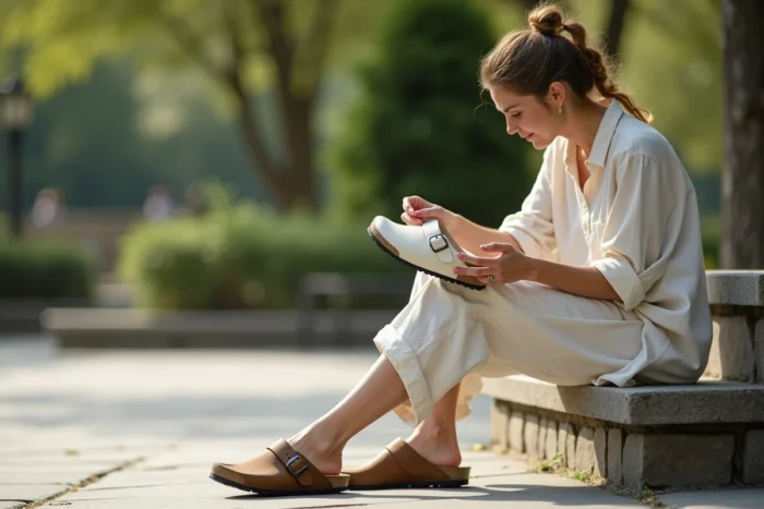 Femme essayant des chaussures Birkenstock et Scholl sur un banc en pierre dans un parc urbain, comparant le confort des deux marques