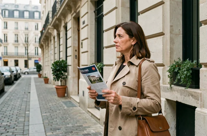 Femme devant un immeuble parisien tenant un dossier immobilier après un refus de prêt
