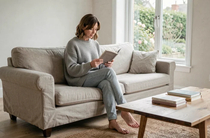 Femme détendue lisant un livre sur un canapé en lin dans un salon épuré, intérieur cosy révélant un espace de vie personnel et intime