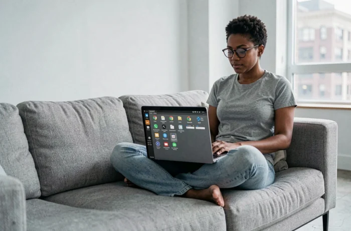 Femme utilisant un système d'exploitation Linux open source sur un ordinateur portable dans un salon moderne