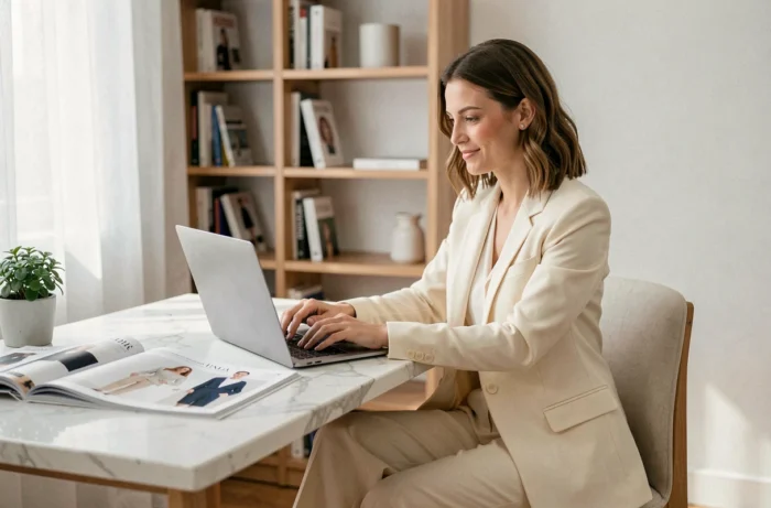 Femme élégante consultant un site de mode féminine sur un ordinateur portable dans un bureau moderne et épuré