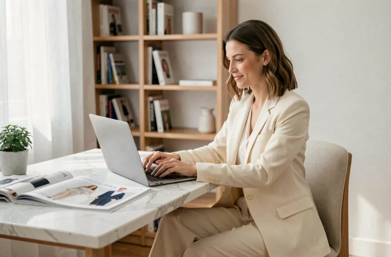 Femme élégante consultant un site de mode féminine sur un ordinateur portable dans un bureau moderne et épuré