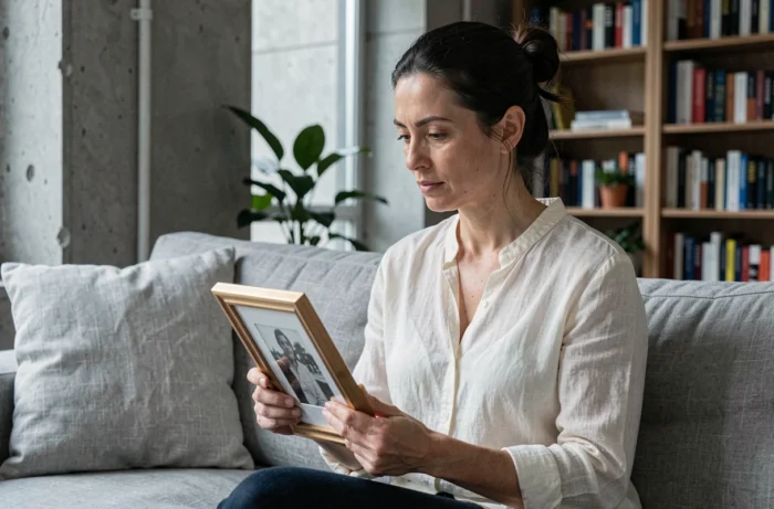Femme pensive tenant une photo de famille dans un appartement moderne, illustrant les confidences sur le couple de Séverine Parlakou