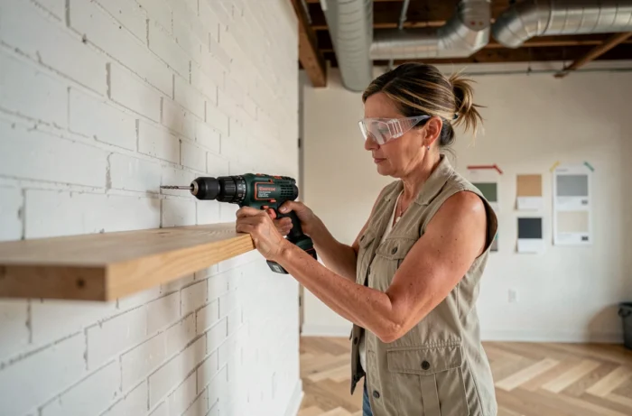 Femme utilisant une perceuse sans fil pour installer une étagère flottante dans un appartement en rénovation
