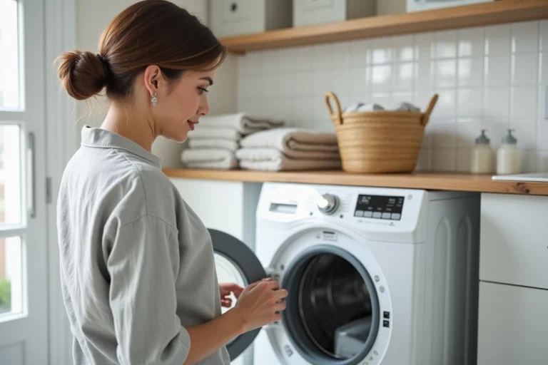 Femme examinant les pictogrammes d'essorage sur le panneau de commande d'un lave-linge Valberg dans une buanderie moderne