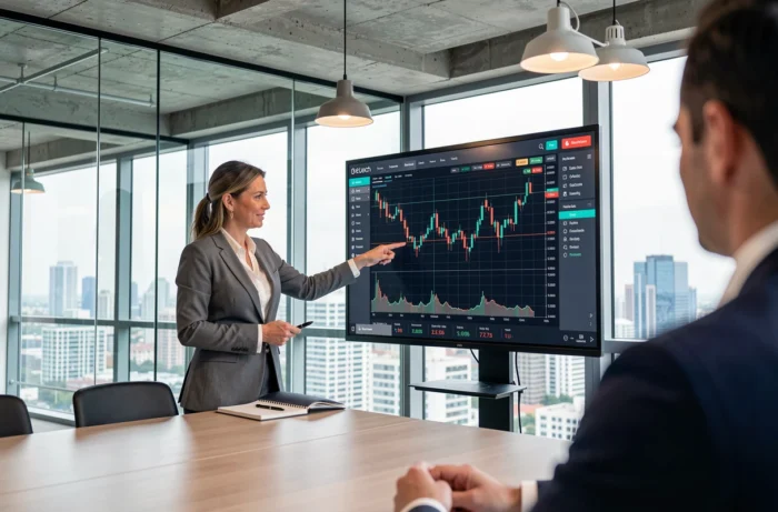 Femme professionnelle présentant une plateforme de trading boursier sur un écran dans une salle de réunion moderne
