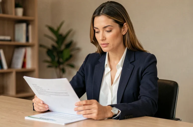 Femme professionnelle en blazer marine relisant son CV à son bureau pour décrocher un emploi