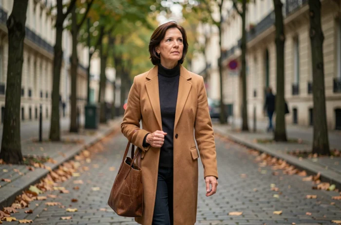 Femme élégante marchant dans une rue parisienne bordée d'arbres en automne, manteau camel et sac en cuir, style de vie urbain discret