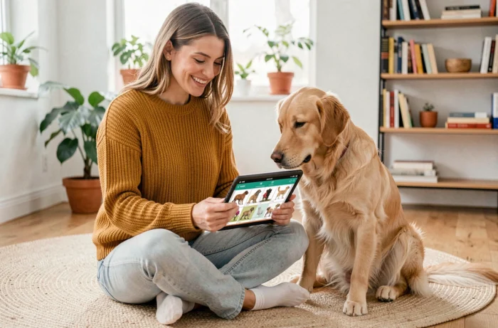 Femme souriante faisant un quiz pour choisir son chien idéal sur une tablette, assise avec un golden retriever