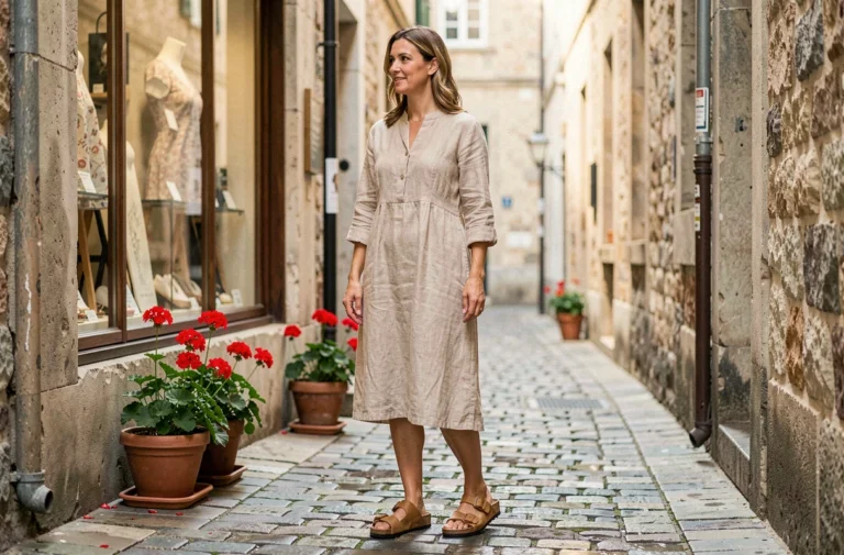 Femme portant des sandales Birkenstock Arizona en cuir naturel sur des pavés européens, illustration de confort et style au quotidien