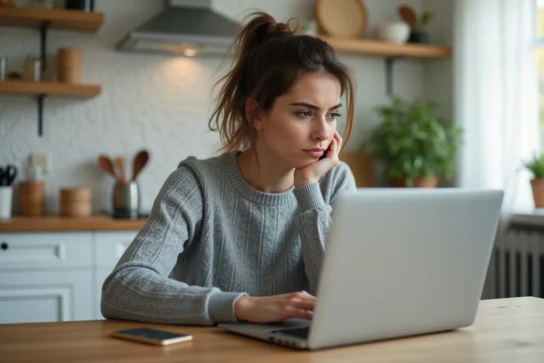 Femme sceptique regardant une page de paiement Amazon sur son ordinateur portable, illustrant les doutes sur AMZ Installments