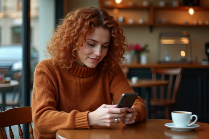 Jeune femme vérifiant la disponibilité de ses fonds sur l'application bancaire de la Banque Postale depuis un café