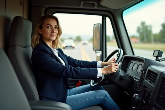 Femme au volant d'un camion de déménagement 12m3, vue depuis la vitre passager