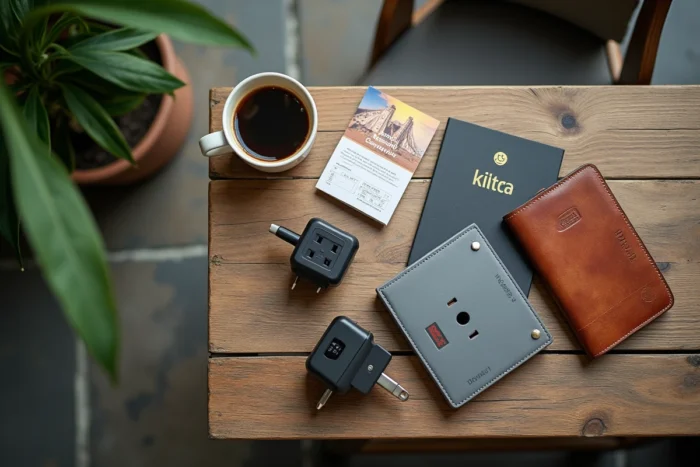 Flat-lay d'adaptateurs de voyage, convertisseurs de prise et accessoires électriques pour Bali sur une table en teck, avec un café balinais