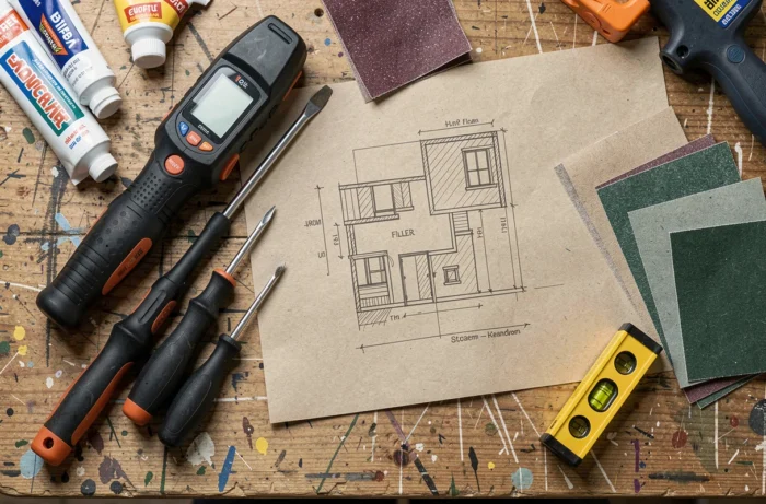 Vue aérienne d'outils de bricolage modernes et matériaux de rénovation disposés sur un établi en bois