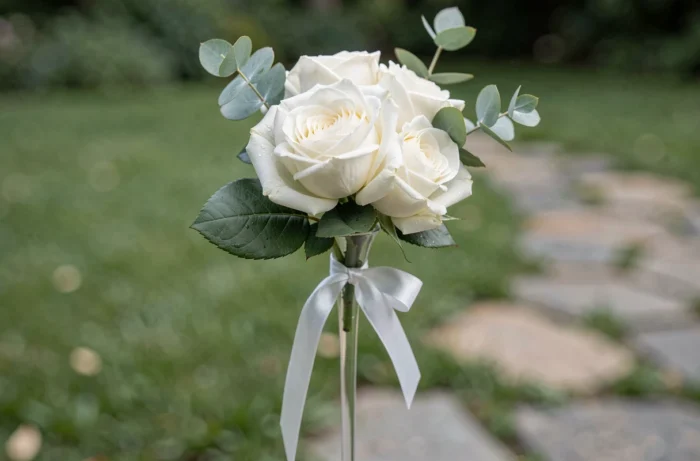 Flûte à champagne dont le pied est orné de roses blanches fraîches et de brins d'eucalyptus attachés avec un ruban