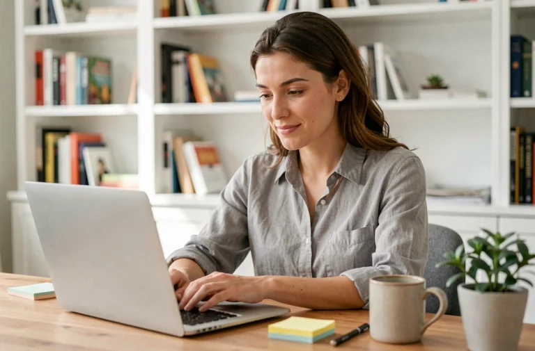 Freelance femme travaillant sur son ordinateur portable dans un bureau à domicile organisé et moderne