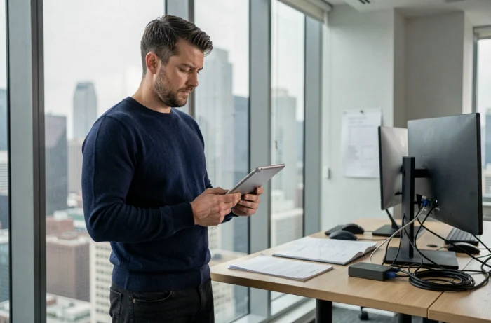 Freelance homme consultant sa tablette dans un appartement transformé en espace de travail avec vue sur la ville