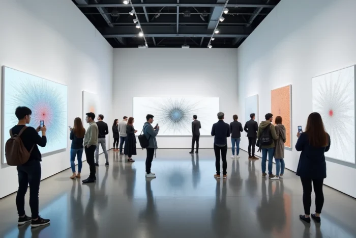 Galerie d'art numérique contemporain présentant des œuvres algorithmiques grand format avec des visiteurs en contemplation dans un espace minimaliste moderne