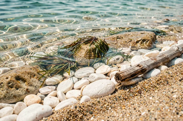 Gros plan sur les galets et l'eau cristalline de la plage des Trois Pointes à Bonifacio en Corse du Sud