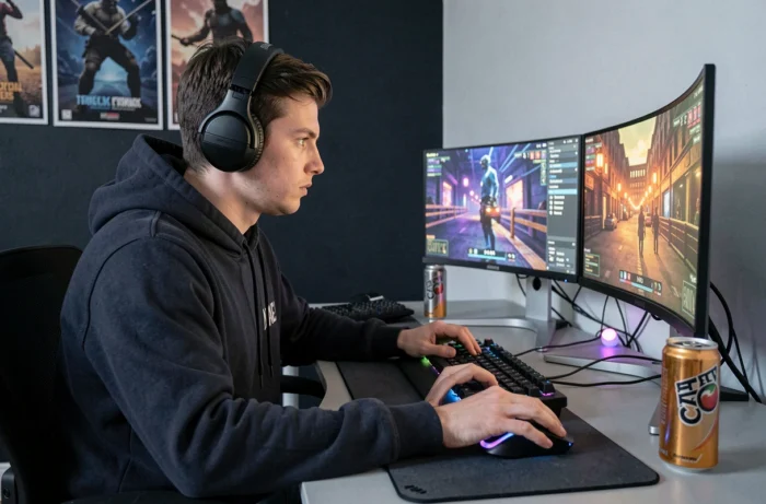 Jeune gamer concentré à son bureau avec double écran, casque gaming et clavier mécanique dans une chambre de gaming moderne