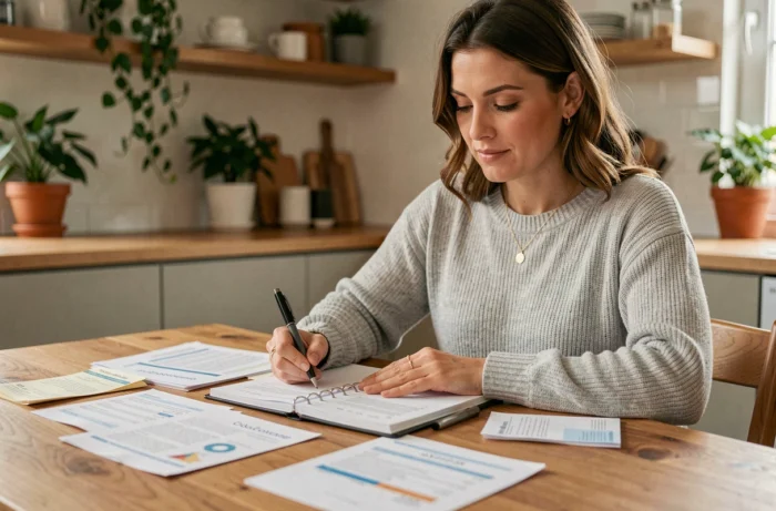 Femme gérant son budget personnel à la maison avec des documents et un carnet de notes sur une table en bois