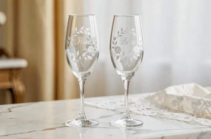 Flûtes à champagne avec gravure laser de motifs floraux et initiales du couple sur un plan en marbre blanc