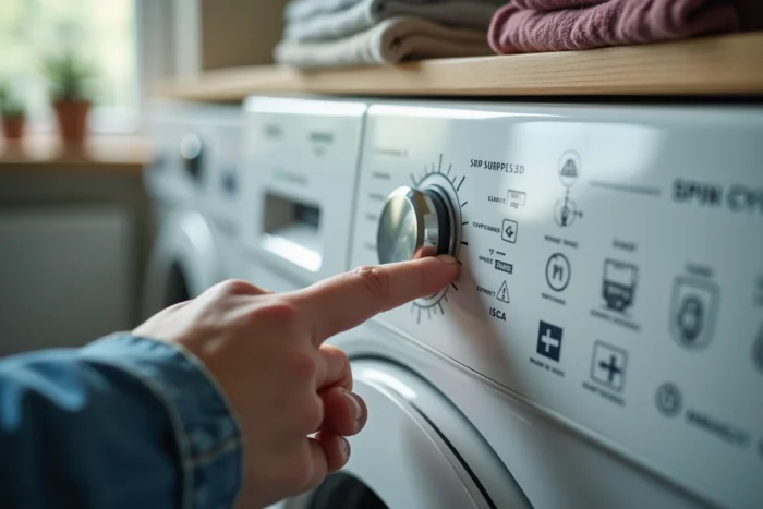 Gros plan sur les pictogrammes d'essorage d'un panneau de commande de lave-linge avec un doigt désignant un symbole spécifique