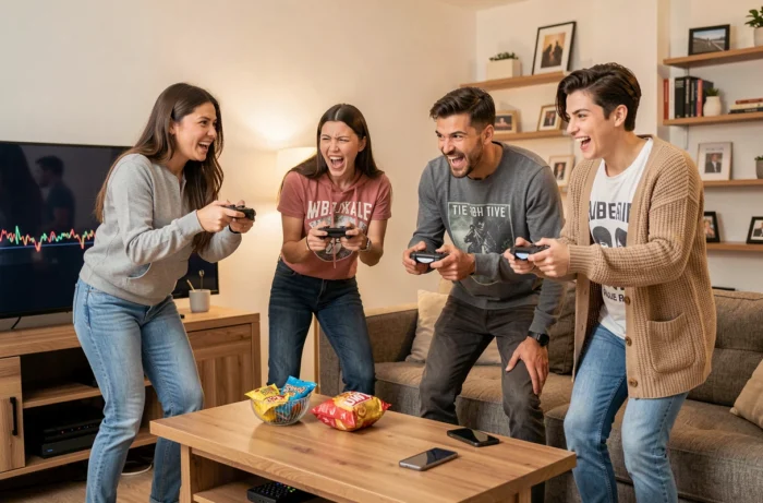 Groupe d'amis adultes jouant ensemble aux jeux vidéo sur console dans un salon moderne et convivial