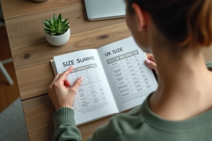 Femme consultant un guide de correspondance des tailles S féminines entre systèmes européen, américain et britannique à son bureau