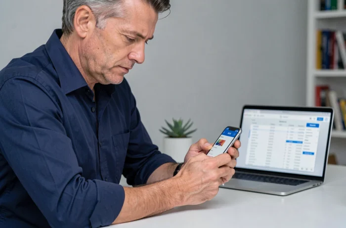 Homme consultant une application bancaire sur smartphone dans un bureau à domicile pour gérer ses finances