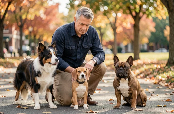 Homme comparant trois races de chiens dans un parc en automne pour trouver le chien qui lui correspond