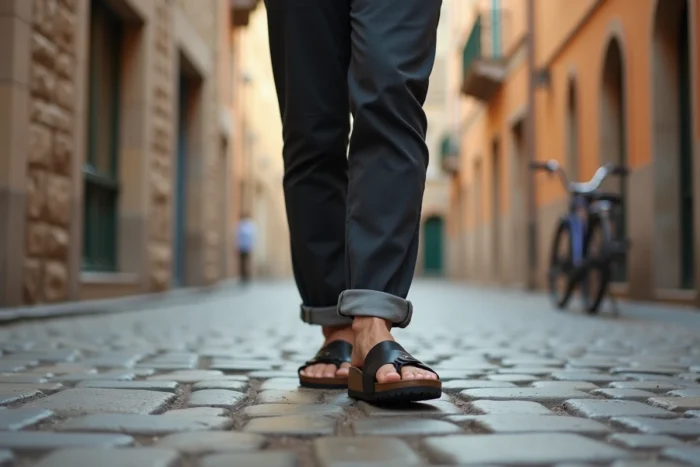 Homme en promenade urbaine comparant une sandale Birkenstock Mayari et une sandale Scholl sur un pavé de vieille ville européenne