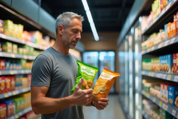 Homme comparant deux paquets de chips en rayon épicerie bio dans un supermarché